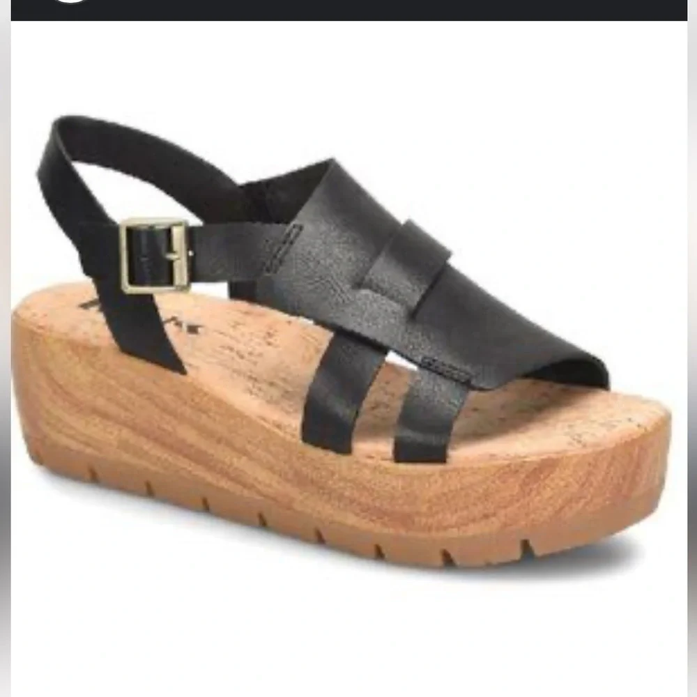 KORKS STRAPPY WOODEN PLATFORM CHUNKY SANDALS SIZE 9 BLACK - Picture 2 of 9
